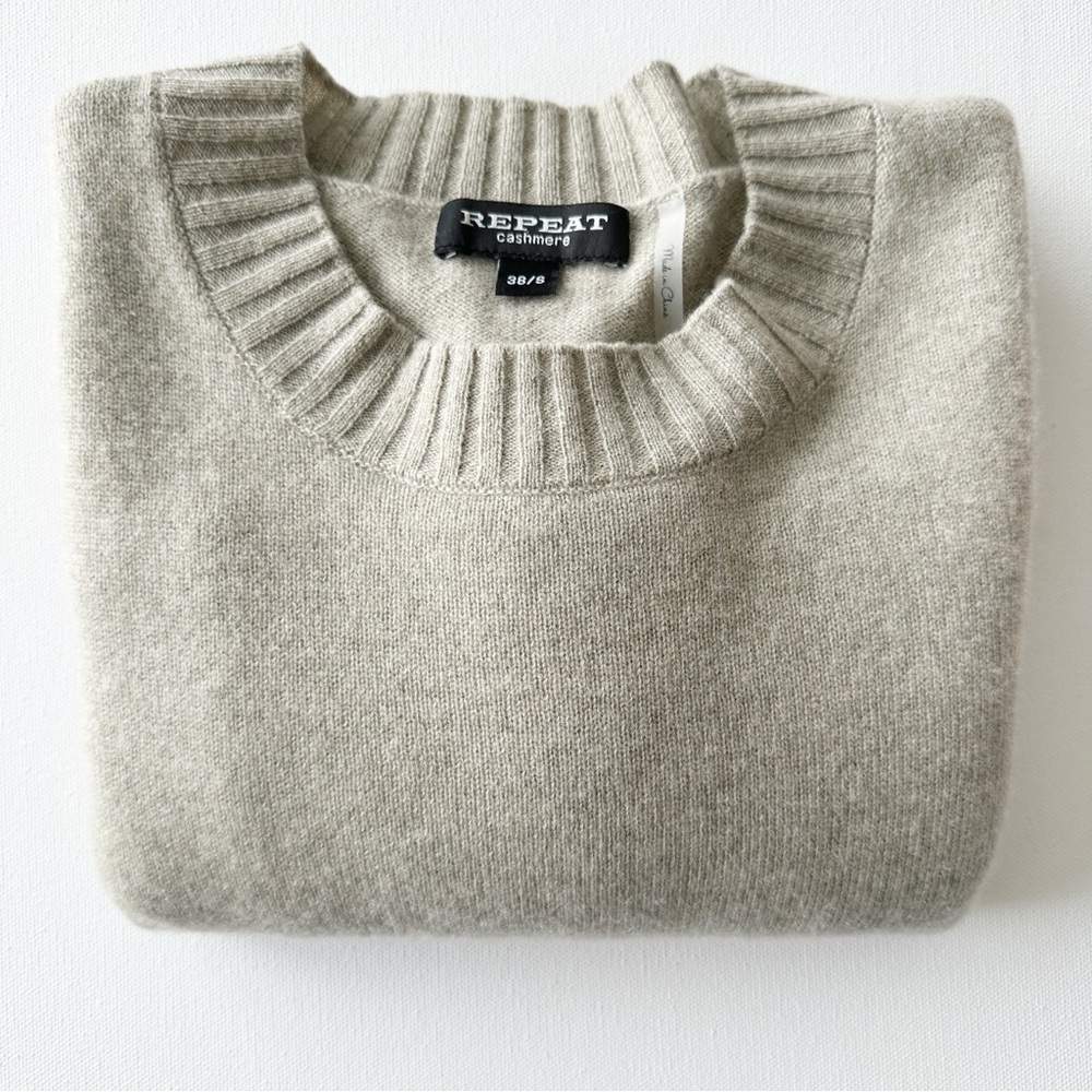Repeat Cashmere Sweater Diagonal Fringed Hem Size 38 Small Pepper Beige - Picture 11 of 11